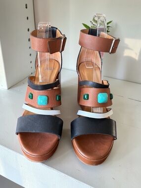 Brown and Black Leather Platform Heels with Turquoise Accent